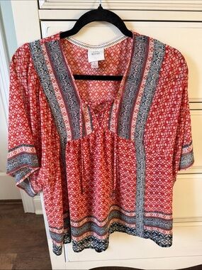 Knox Rose Red Boho Lace-Up Tunic with Black & White Border